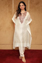 Ivory Beige Tissue Woven Stripes Kaftan Set with Beads and Embroidery Work